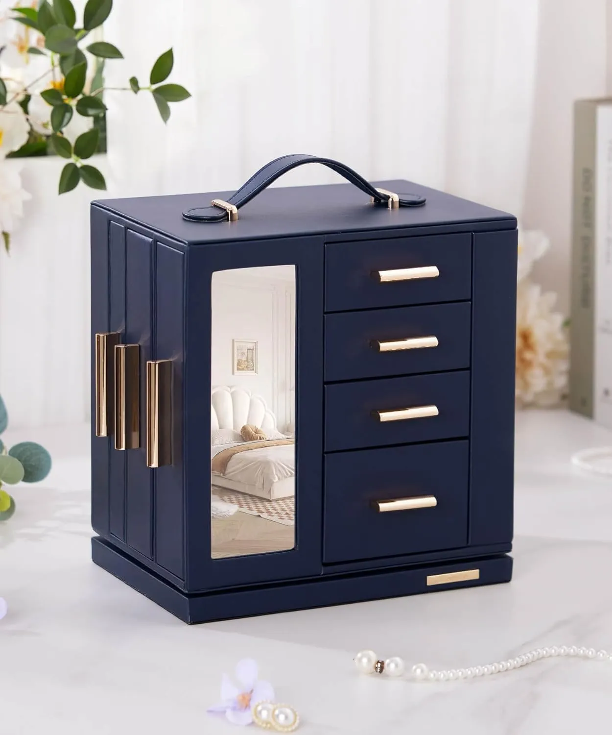 Homde Jewelry Box 360° Rotating, Necklace Earring Organizer with Transparent Window, Mirror, 7 Drawers, Large Ring Display Storage Case for Girls Women (Dark Blue)