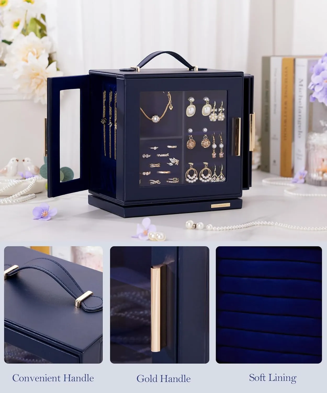 Homde Jewelry Box 360° Rotating, Necklace Earring Organizer with Transparent Window, Mirror, 7 Drawers, Large Ring Display Storage Case for Girls Women (Dark Blue)