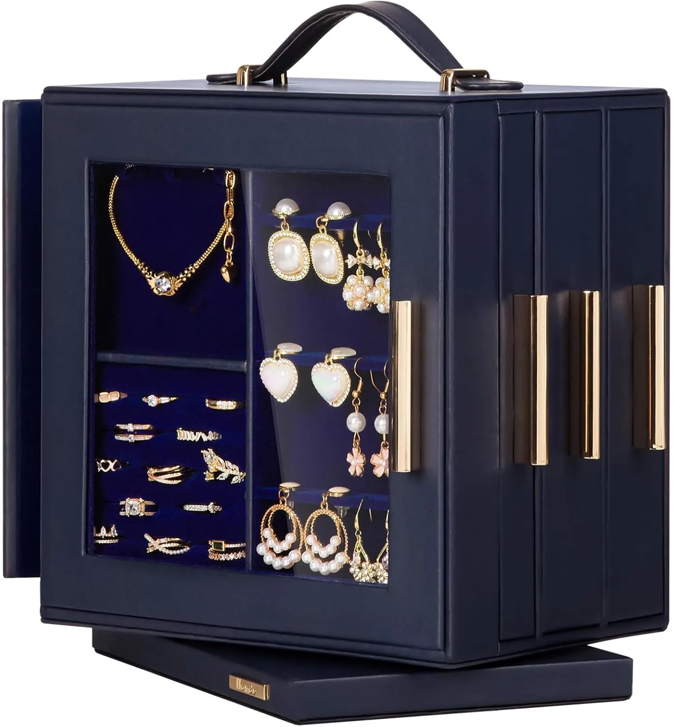 Homde Jewelry Box 360° Rotating, Necklace Earring Organizer with Transparent Window, Mirror, 7 Drawers, Large Ring Display Storage Case for Girls Women (Dark Blue)