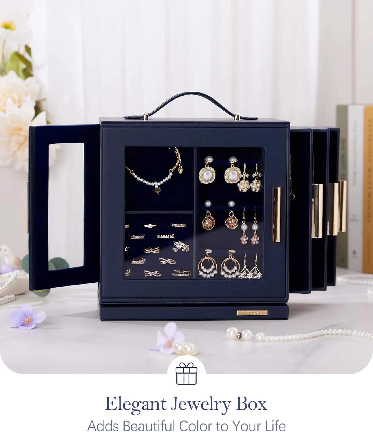 Homde Jewelry Box 360° Rotating, Necklace Earring Organizer with Transparent Window, Mirror, 7 Drawers, Large Ring Display Storage Case for Girls Women (Dark Blue)