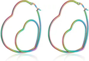 Hoop Earrings for Women, Rainbow Big Heart Earrings for Women Stainless Steel Double Love Statement Earrings Fashion Jewelry Statement Large Geometric Earrings