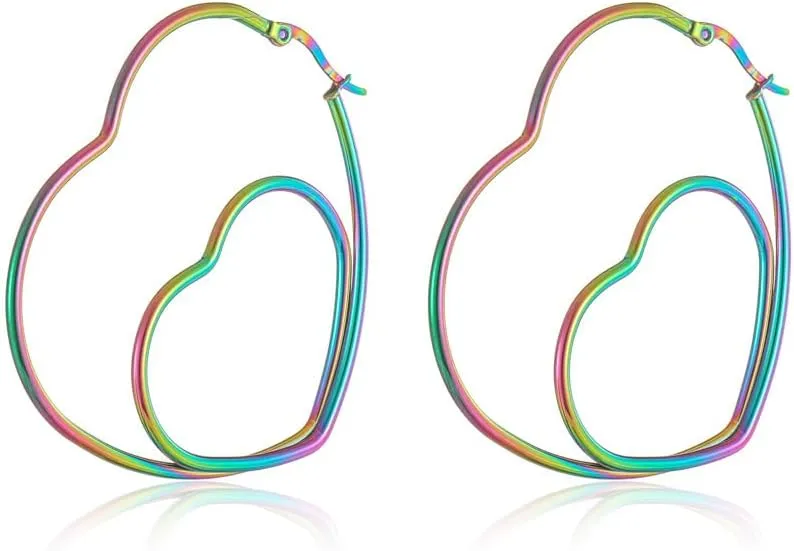 Hoop Earrings for Women, Rainbow Big Heart Earrings for Women Stainless Steel Double Love Statement Earrings Fashion Jewelry Statement Large Geometric Earrings