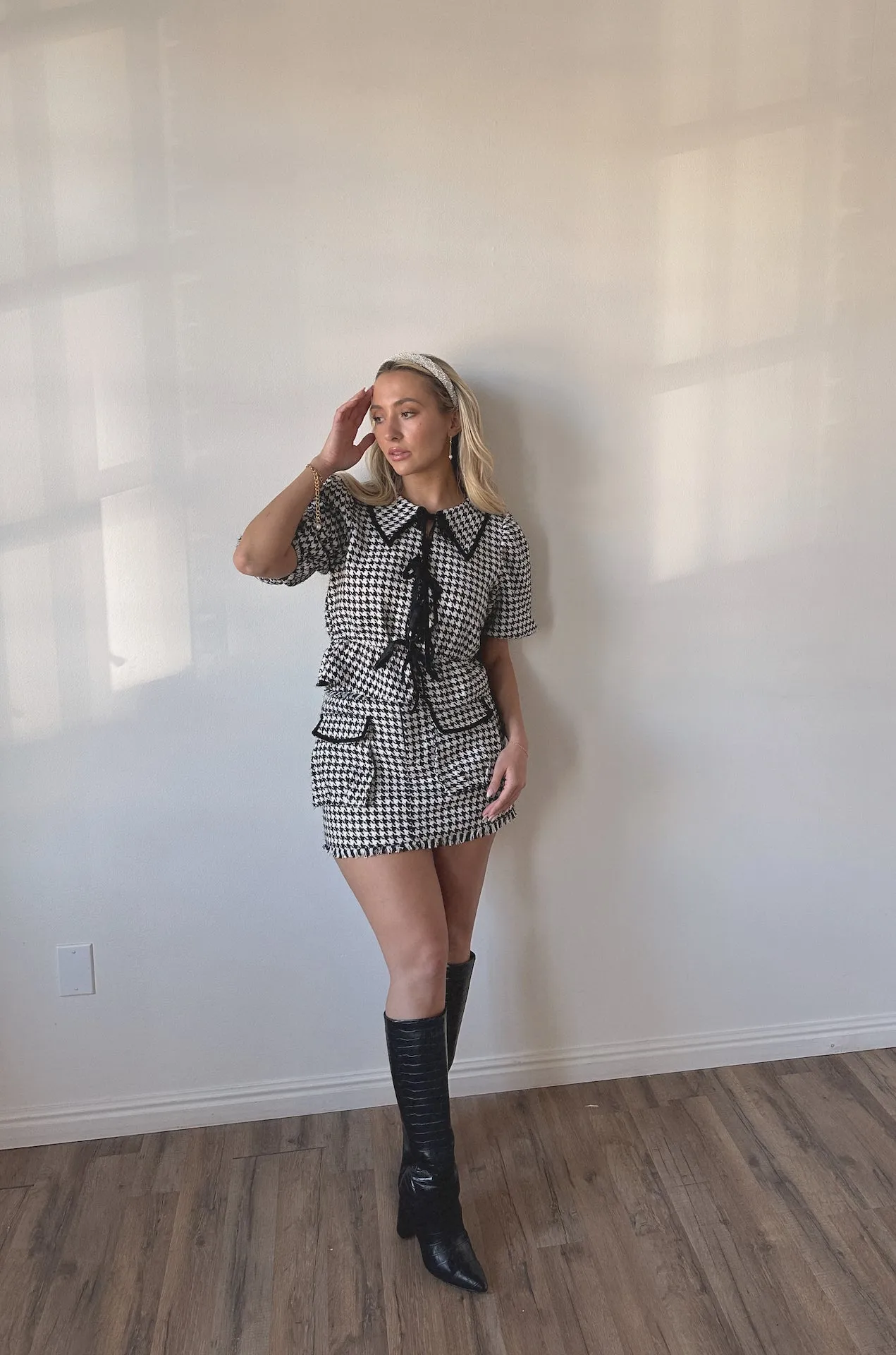 Houndstooth Puff Sleeve Top