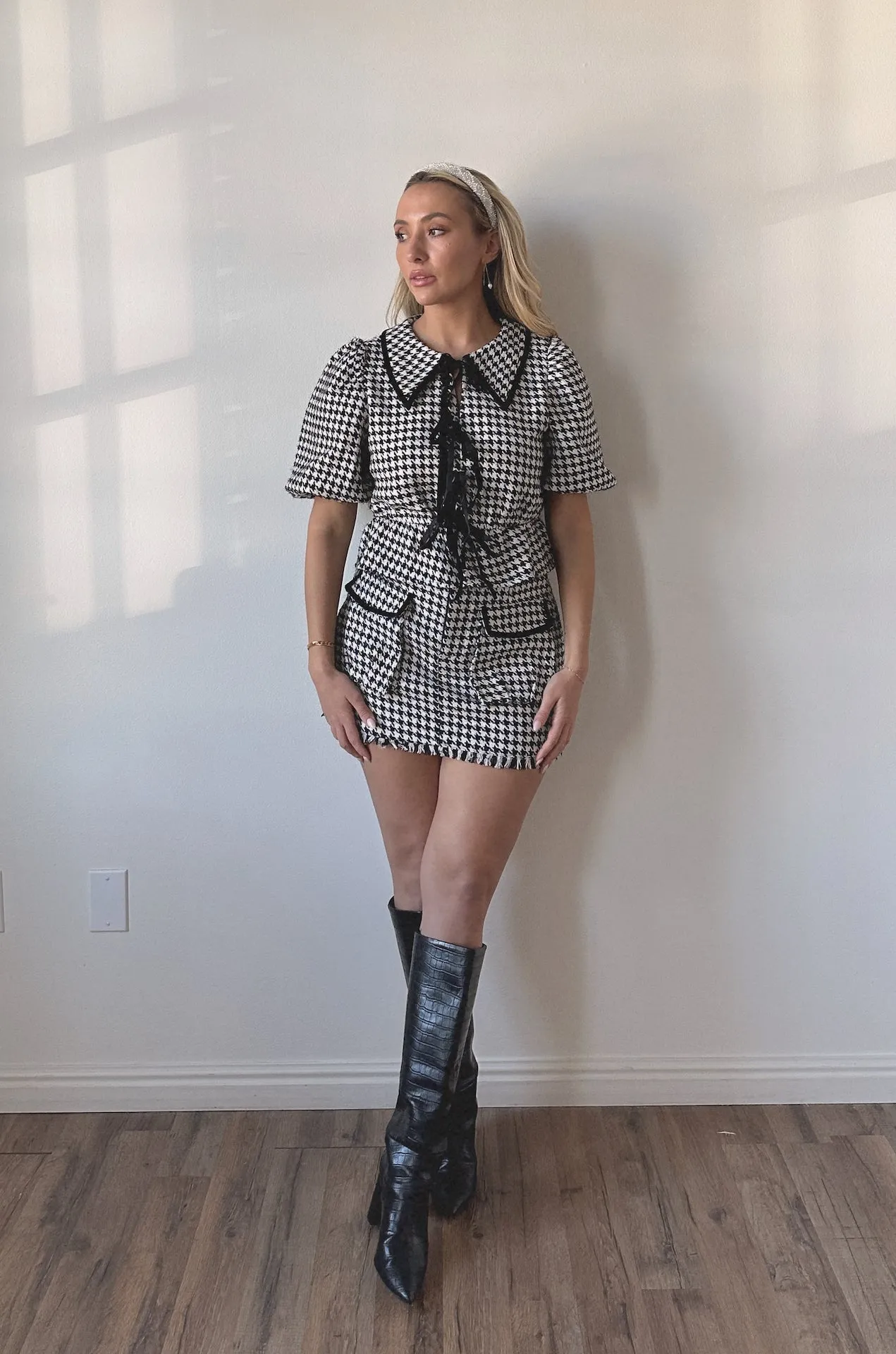 Houndstooth Puff Sleeve Top