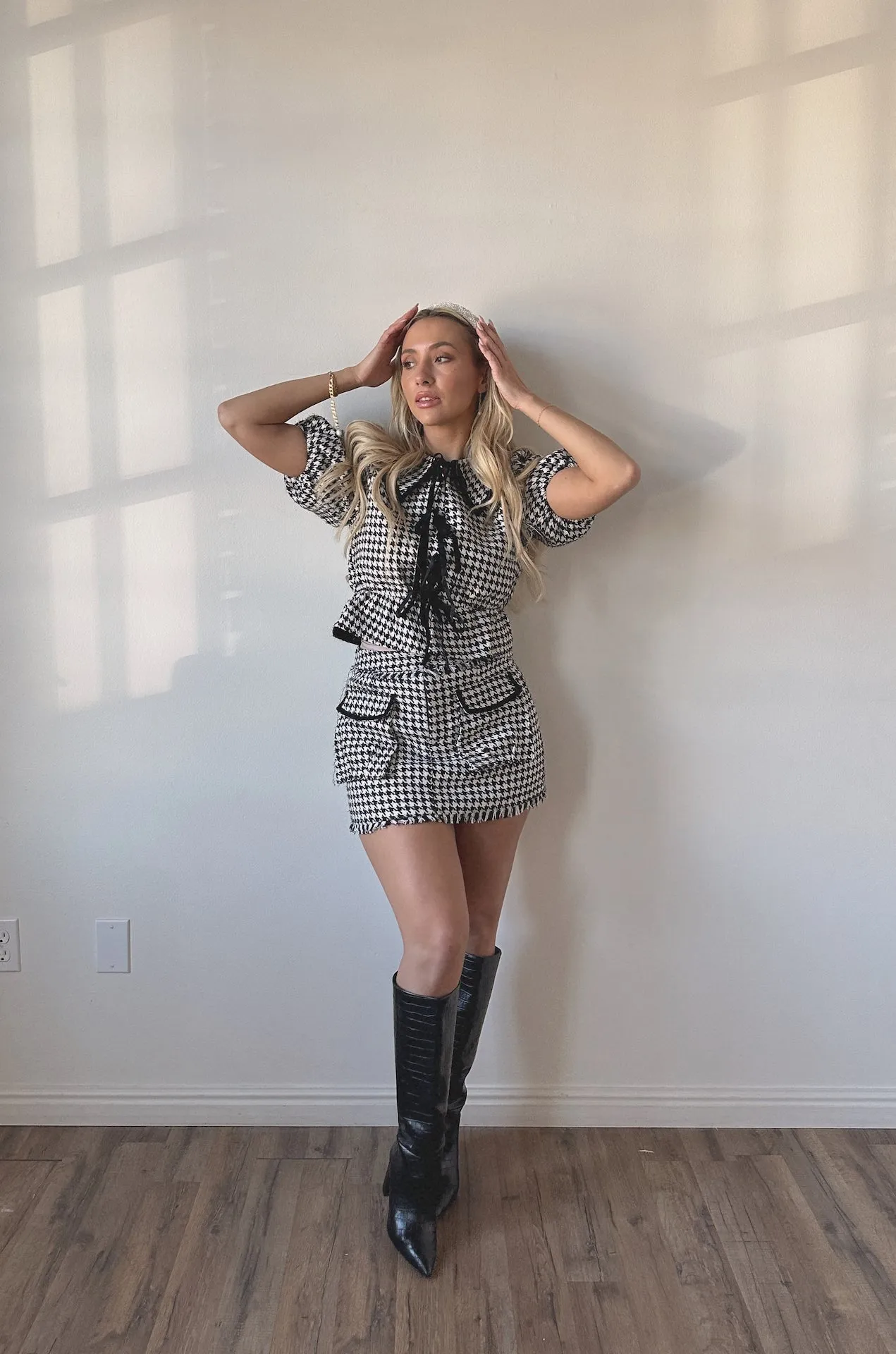 Houndstooth Puff Sleeve Top
