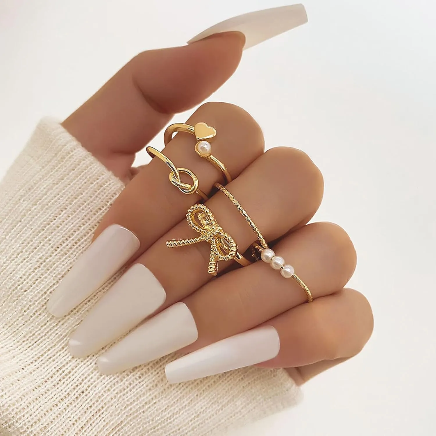 HUASAI Gold Bow Ring Set for Women Trendy Ribbon Bow Knot Rings Cute Pearl Ring Silver Stackable Rings Adjustable Open Knuckle Rings Dainty Jewelry Gifts