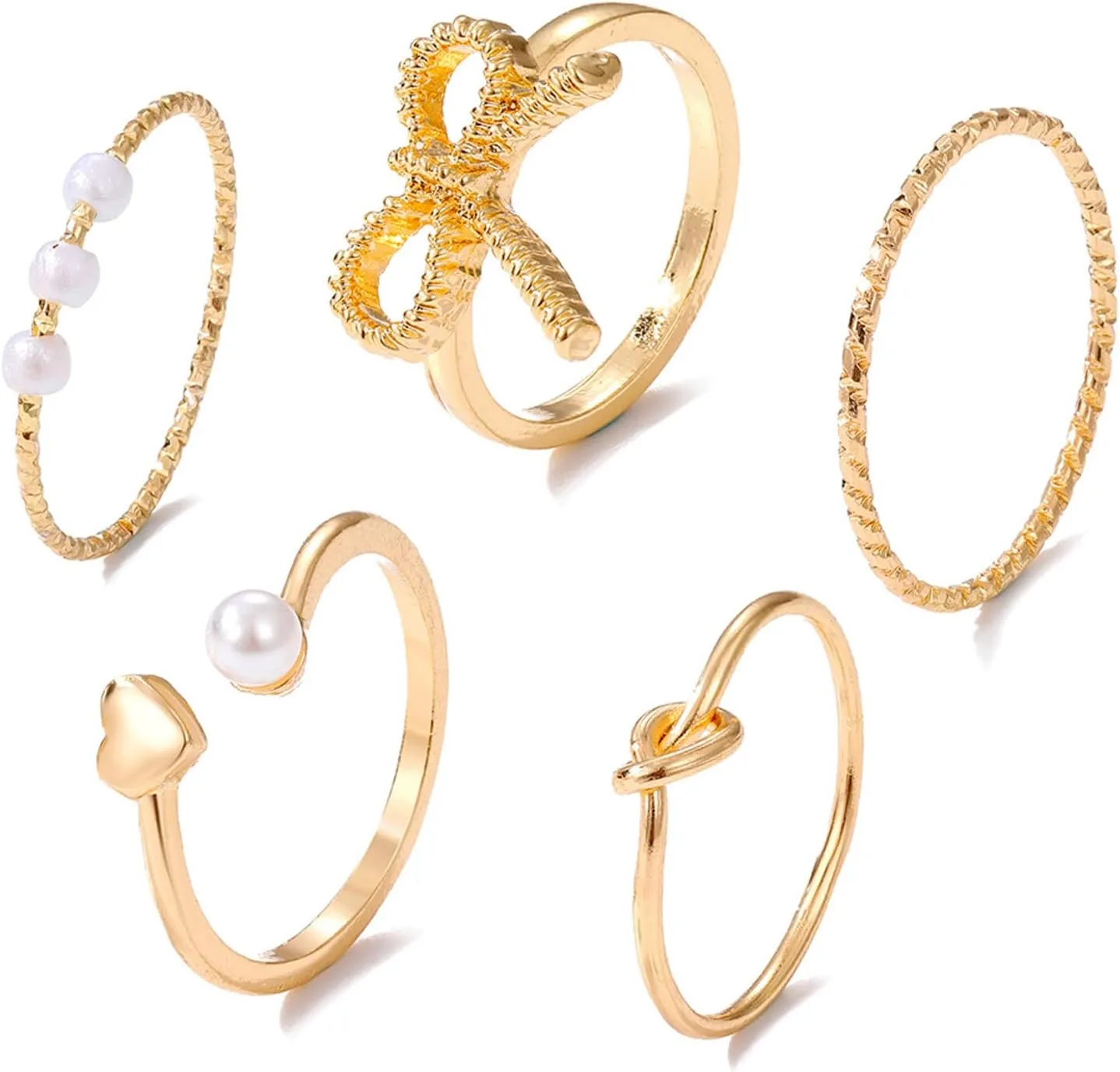 HUASAI Gold Bow Ring Set for Women Trendy Ribbon Bow Knot Rings Cute Pearl Ring Silver Stackable Rings Adjustable Open Knuckle Rings Dainty Jewelry Gifts