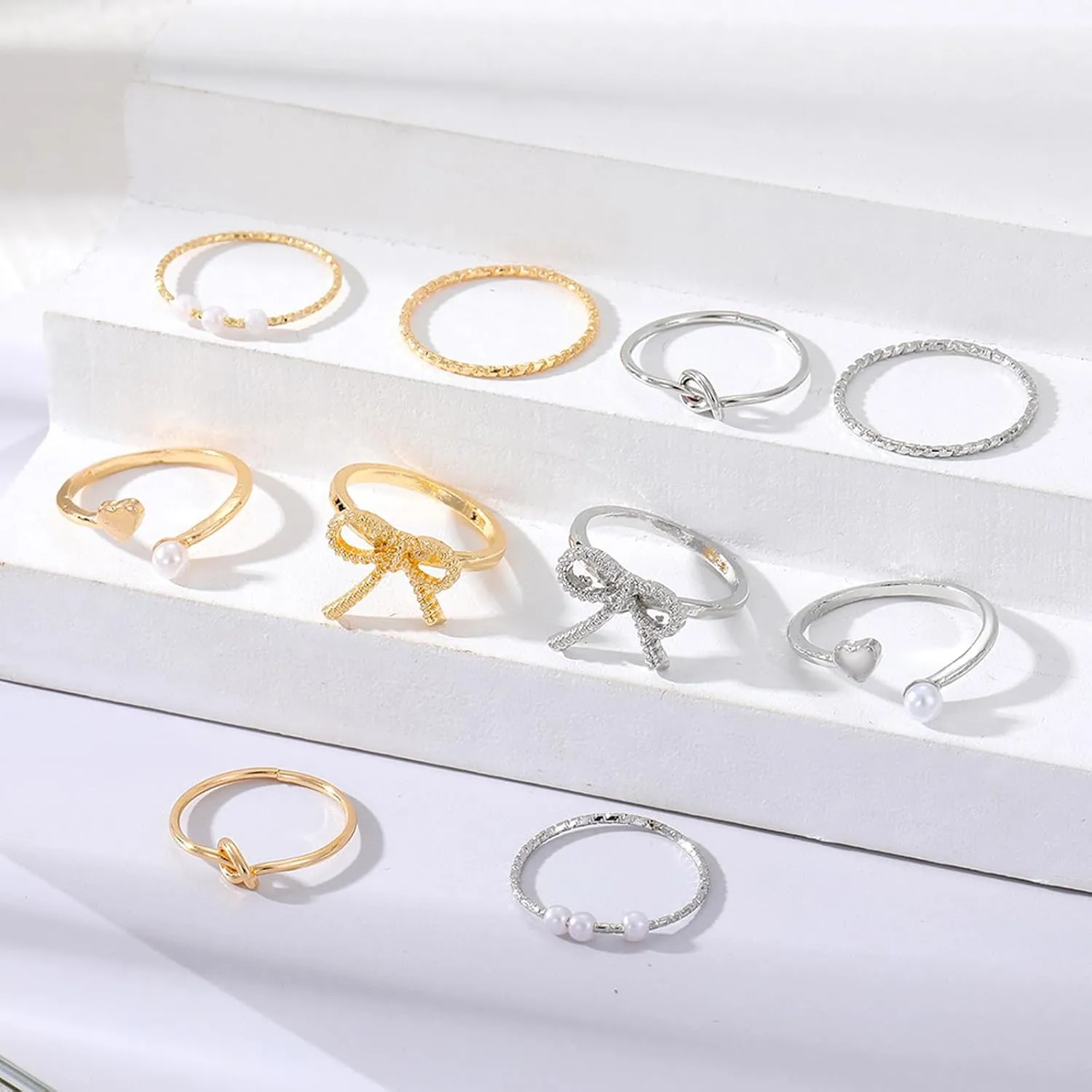 HUASAI Gold Bow Ring Set for Women Trendy Ribbon Bow Knot Rings Cute Pearl Ring Silver Stackable Rings Adjustable Open Knuckle Rings Dainty Jewelry Gifts