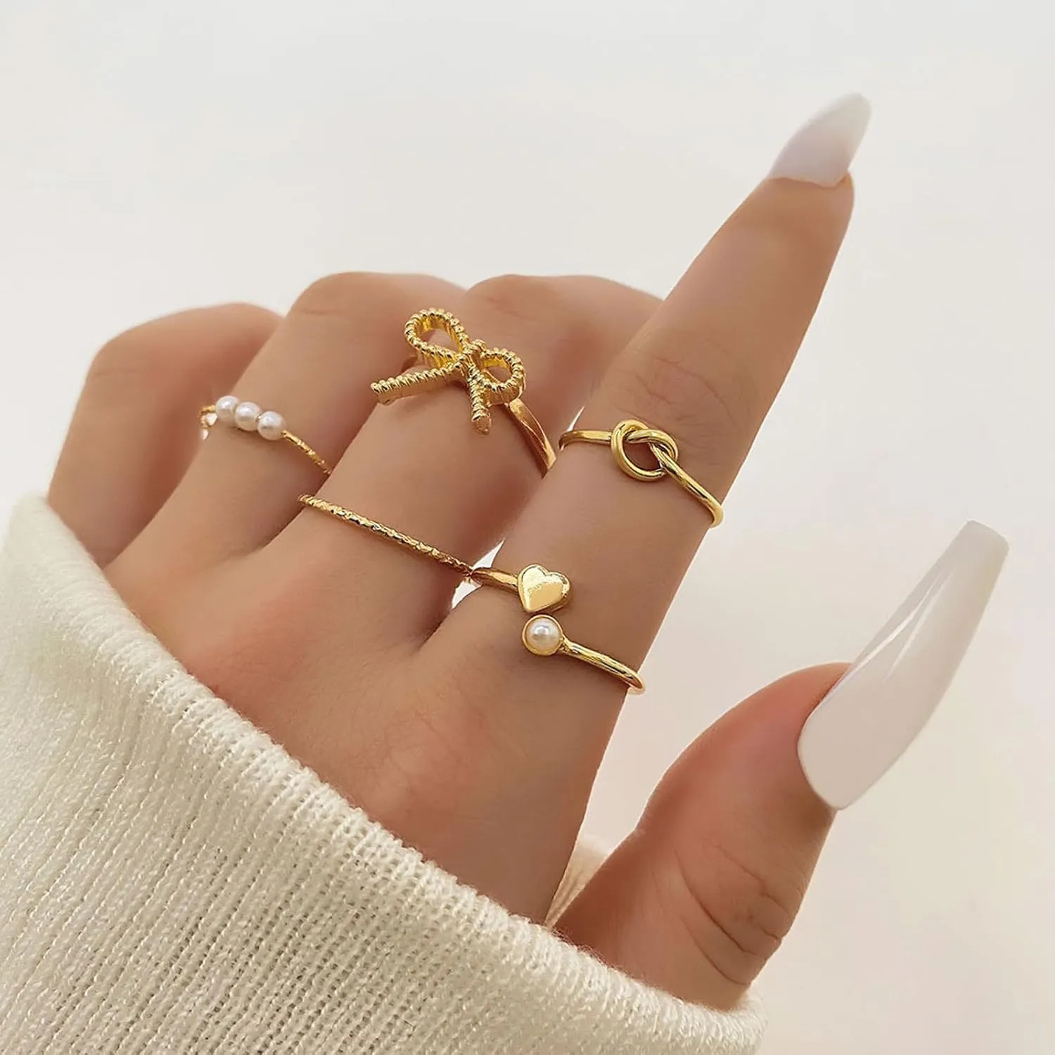 HUASAI Gold Bow Ring Set for Women Trendy Ribbon Bow Knot Rings Cute Pearl Ring Silver Stackable Rings Adjustable Open Knuckle Rings Dainty Jewelry Gifts