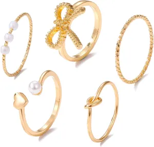 HUASAI Gold Bow Ring Set for Women Trendy Ribbon Bow Knot Rings Cute Pearl Ring Silver Stackable Rings Adjustable Open Knuckle Rings Dainty Jewelry Gifts