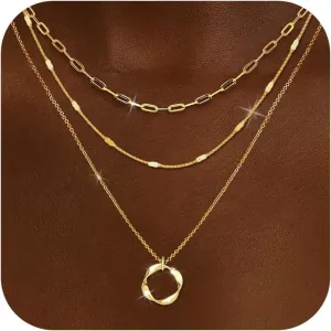 HUASAI Layered Gold Necklaces for Women Trendy Chain Necklace Stackable Stack Herringbone Necklace Dainty Layering Pendant Necklaces Gold Jewelry Set Gifts