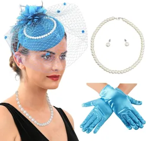 Ibeauti Fascinator Hats with Screentouch Lace Gloves Set for Women Tea Party Cocktail Wedding Derby Headwear Short Gloves