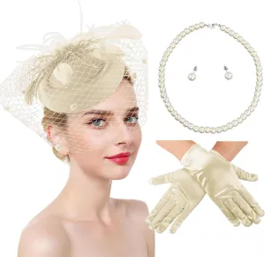 Ibeauti Fascinator Hats with Screentouch Lace Gloves Set for Women Tea Party Cocktail Wedding Derby Headwear Short Gloves