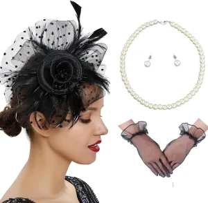 Ibeauti Fascinator Hats with Screentouch Lace Gloves Set for Women Tea Party Cocktail Wedding Derby Headwear Short Gloves