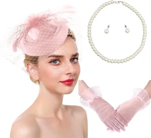 Ibeauti Fascinator Hats with Screentouch Lace Gloves Set for Women Tea Party Cocktail Wedding Derby Headwear Short Gloves