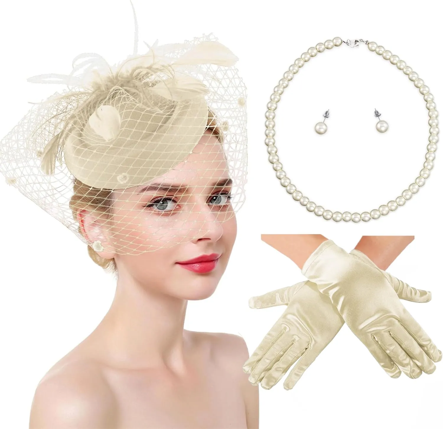 Ibeauti Fascinator Hats with Screentouch Lace Gloves Set for Women Tea Party Cocktail Wedding Derby Headwear Short Gloves