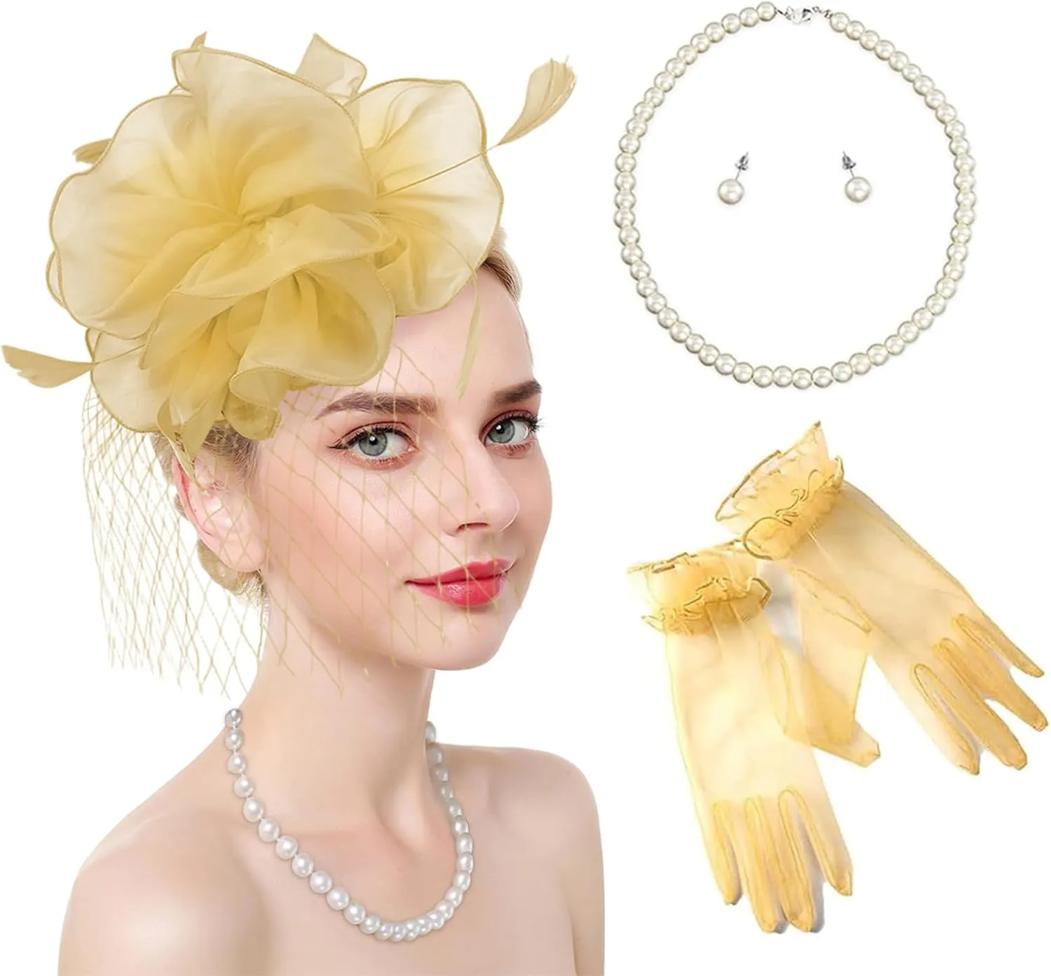 Ibeauti Fascinator Hats with Screentouch Lace Gloves Set for Women Tea Party Cocktail Wedding Derby Headwear Short Gloves