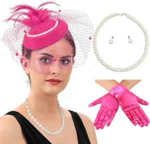 Ibeauti Fascinator Hats with Screentouch Lace Gloves Set for Women Tea Party Cocktail Wedding Derby Headwear Short Gloves