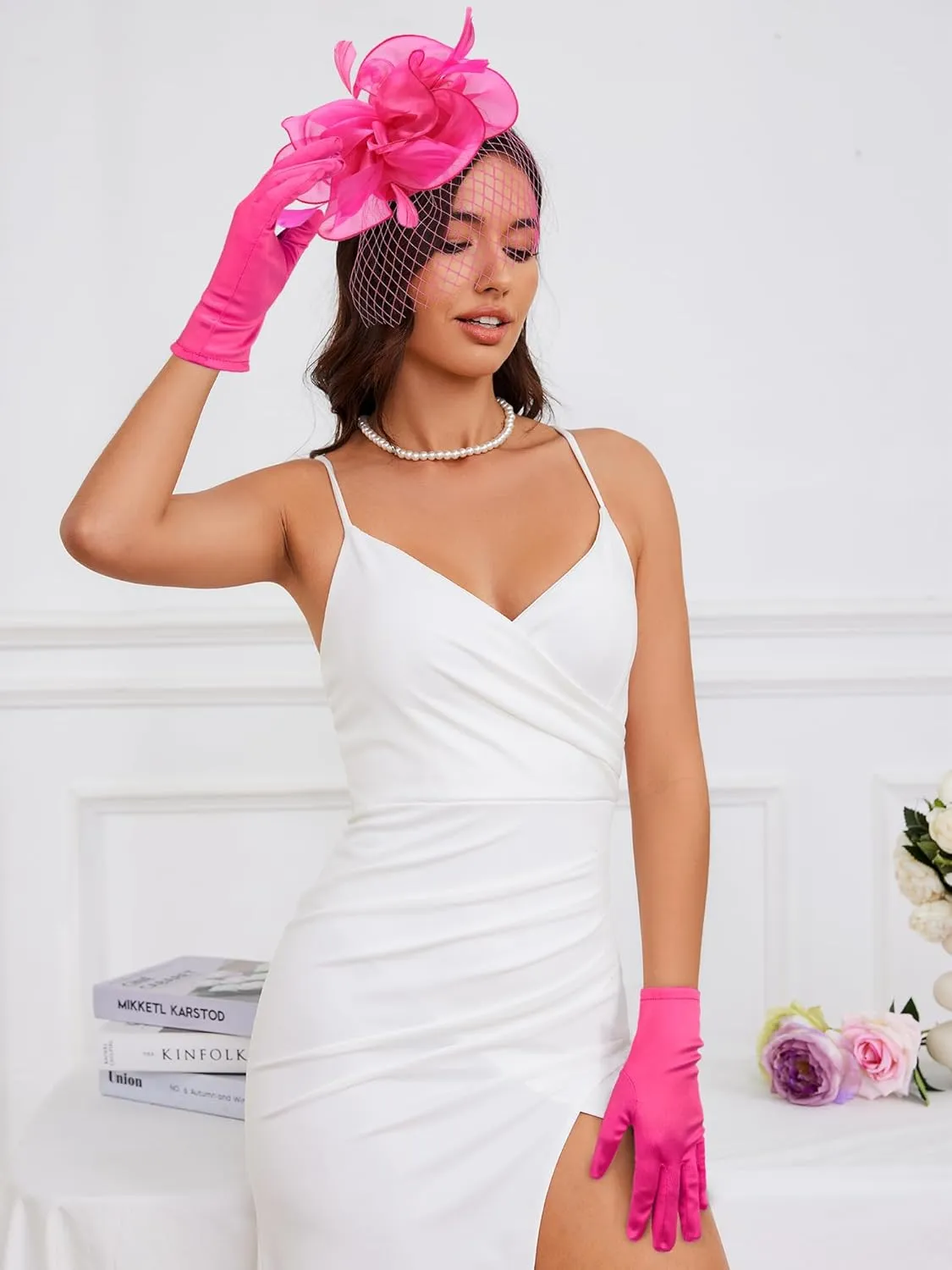 Ibeauti Fascinator Hats with Screentouch Lace Gloves Set for Women Tea Party Cocktail Wedding Derby Headwear Short Gloves