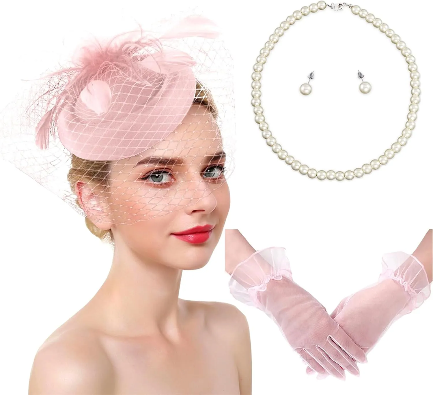 Ibeauti Fascinator Hats with Screentouch Lace Gloves Set for Women Tea Party Cocktail Wedding Derby Headwear Short Gloves