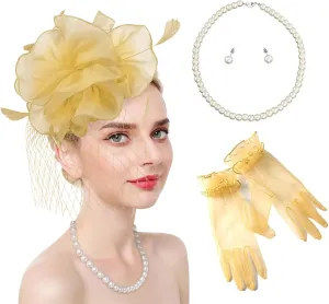 Ibeauti Fascinator Hats with Screentouch Lace Gloves Set for Women Tea Party Cocktail Wedding Derby Headwear Short Gloves