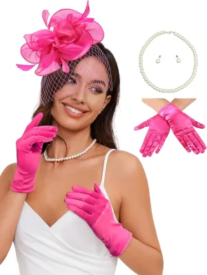 Ibeauti Fascinator Hats with Screentouch Lace Gloves Set for Women Tea Party Cocktail Wedding Derby Headwear Short Gloves
