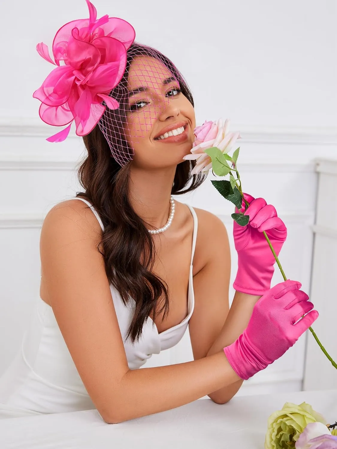 Ibeauti Fascinator Hats with Screentouch Lace Gloves Set for Women Tea Party Cocktail Wedding Derby Headwear Short Gloves