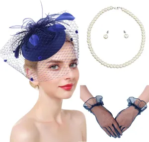 Ibeauti Fascinator Hats with Screentouch Lace Gloves Set for Women Tea Party Cocktail Wedding Derby Headwear Short Gloves