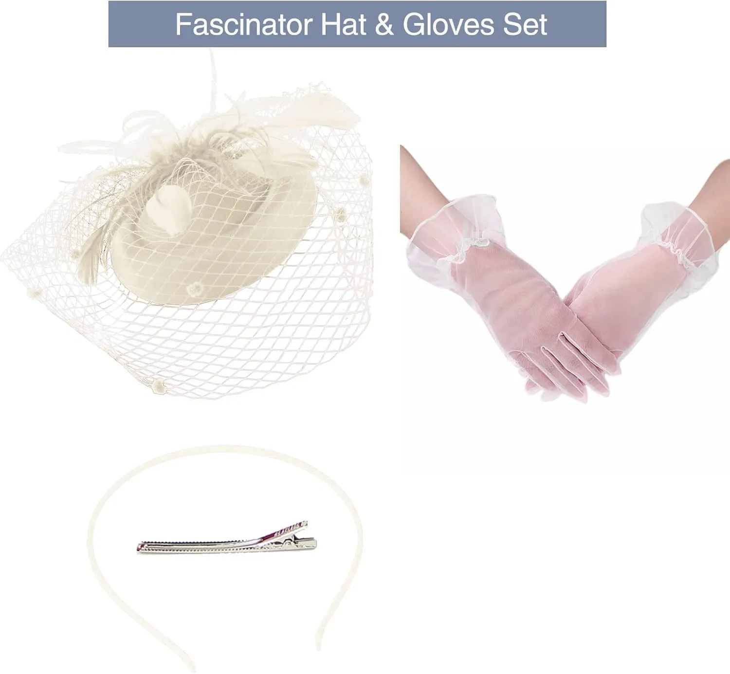 Ibeauti Fascinator Hats with Screentouch Lace Gloves Set for Women Tea Party Cocktail Wedding Derby Headwear Short Gloves