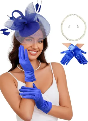 Ibeauti Fascinator Hats with Screentouch Lace Gloves Set for Women Tea Party Cocktail Wedding Derby Headwear Short Gloves