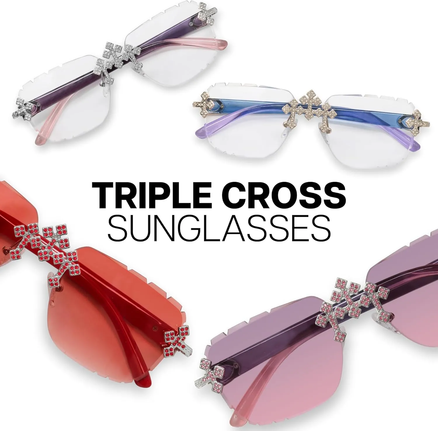 ICE STAR Iced-Out Triple Cross Sunglasses - Diamond-Cut Frameless Shades for Women, Hip-Hop Luxury Eyewear