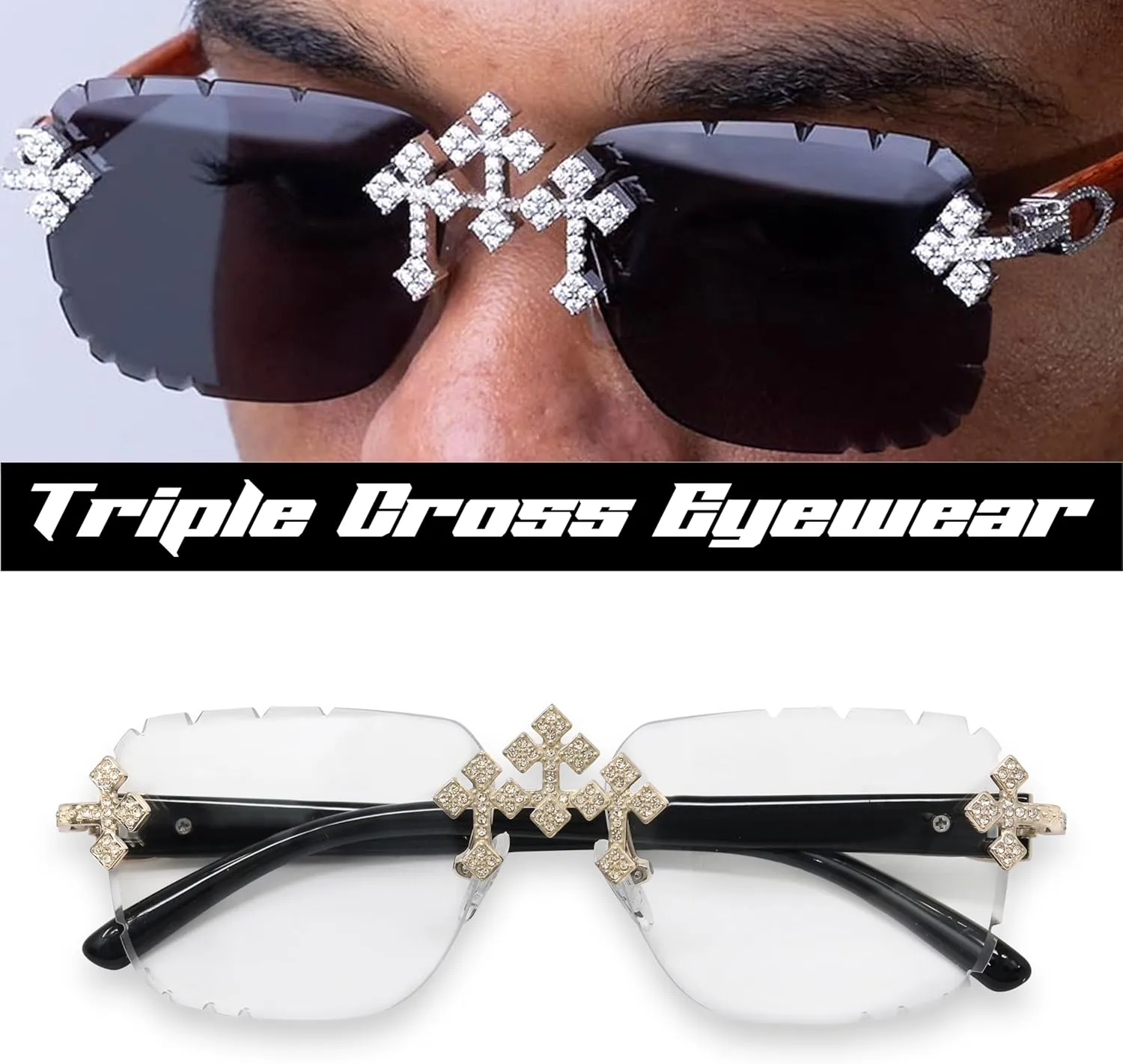 ICE STAR Iced-Out Triple Cross Sunglasses - Diamond-Cut Frameless Shades for Women, Hip-Hop Luxury Eyewear