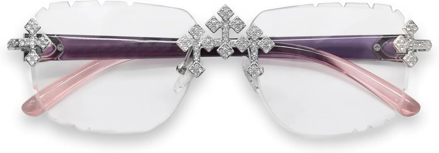 ICE STAR Iced-Out Triple Cross Sunglasses - Diamond-Cut Frameless Shades for Women, Hip-Hop Luxury Eyewear
