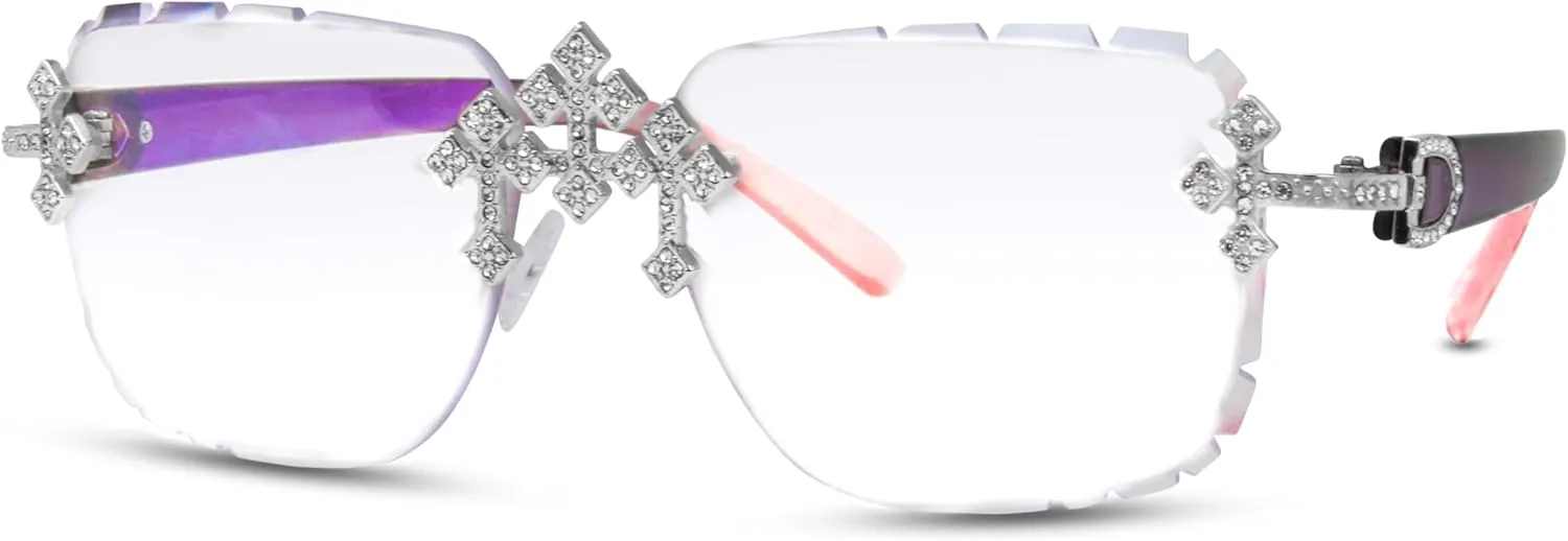 ICE STAR Iced-Out Triple Cross Sunglasses - Diamond-Cut Frameless Shades for Women, Hip-Hop Luxury Eyewear