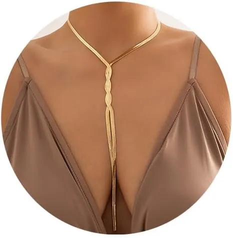 IFKM Long Gold Necklace for Women Dainty Lariat Gold Necklaces 14k Gold Plated Twist Snake Chain Y Necklace Simple Charm Trendy Jewelry Women Girls Gifts