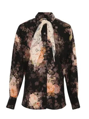 Illustration Lace Scarf Shirt (Black Rococo Floral)