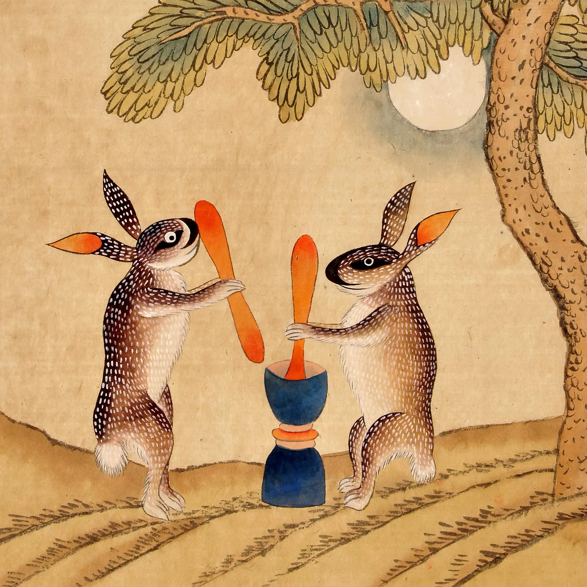 Immortal Moon Bunny | Classic Kawai Minhwa Folk Art | Too Cute Korean Folklore | Jade Rabbit Fine Art Print with Hanger