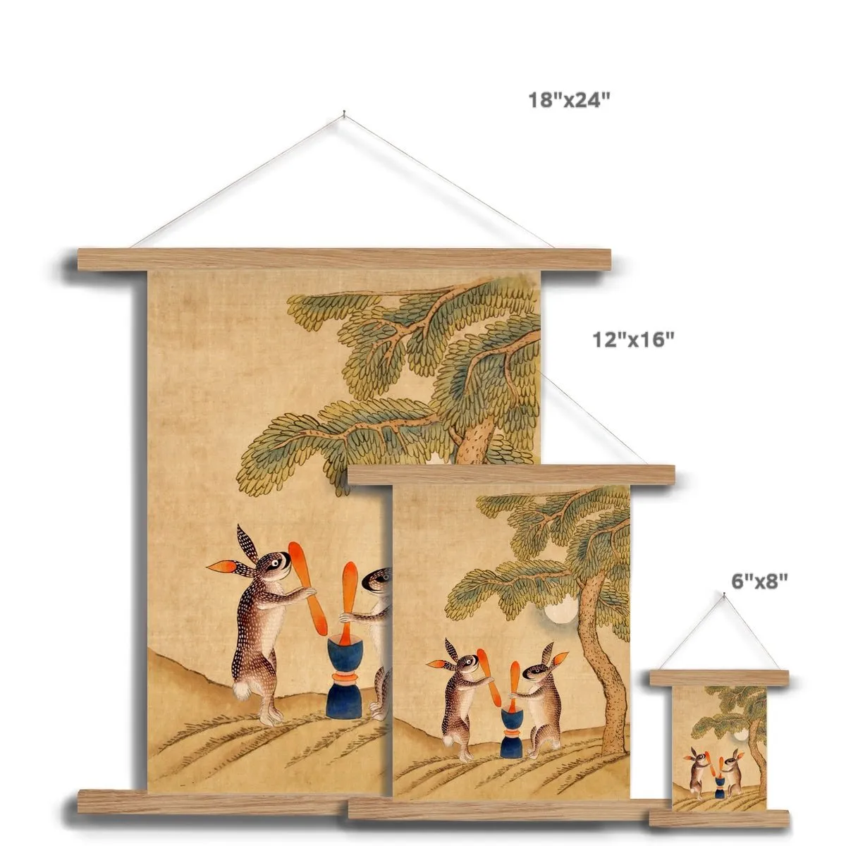 Immortal Moon Bunny | Classic Kawai Minhwa Folk Art | Too Cute Korean Folklore | Jade Rabbit Fine Art Print with Hanger