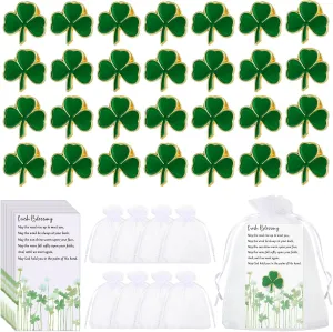 Inbagi 75 Pcs St. Patrick's Day Clover Lapel Pins Shamrock Brooches Irish St Patrick Day Gift Favors Good Luck Three Leaf Pins with Blessing Cards and Organza Gift Bags