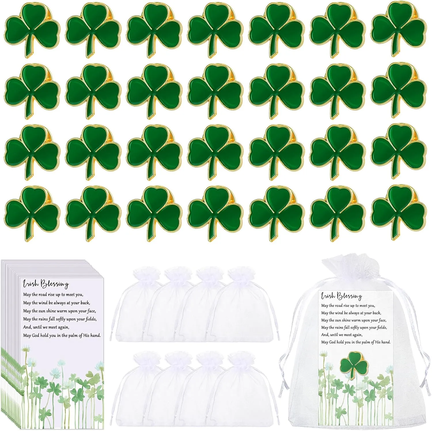 Inbagi 75 Pcs St. Patrick's Day Clover Lapel Pins Shamrock Brooches Irish St Patrick Day Gift Favors Good Luck Three Leaf Pins with Blessing Cards and Organza Gift Bags