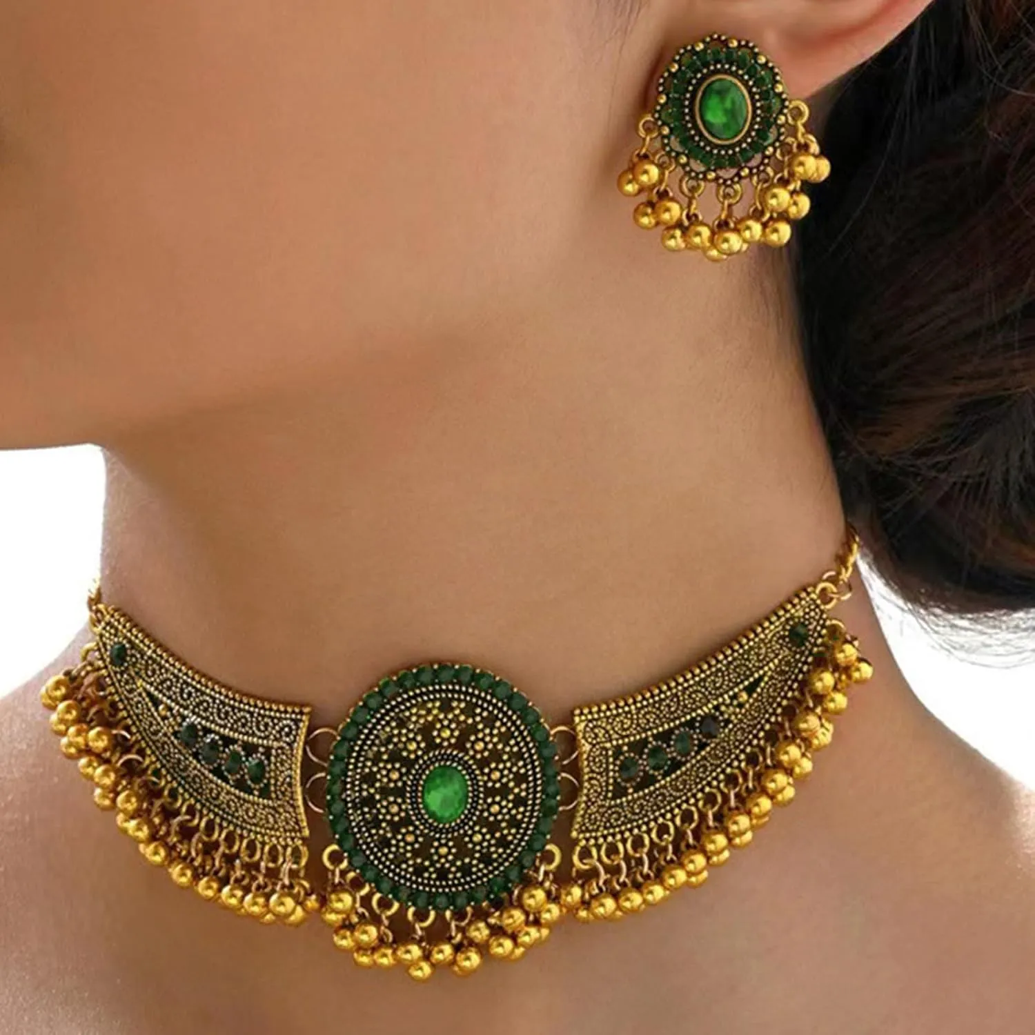 Indian Jewelry Sets for Women - Oxidized Gold/Silver Bollywood Choker Necklace, Jhumkas Earrings, Traditional Vintage Ethnic Accessories Costume