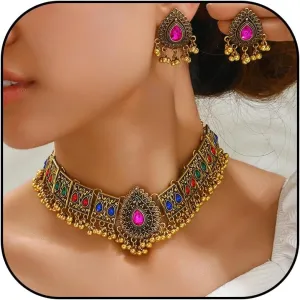 Indian Jewelry Sets for Women - Oxidized Gold/Silver Bollywood Choker Necklace, Jhumkas Earrings, Traditional Vintage Ethnic Accessories Costume