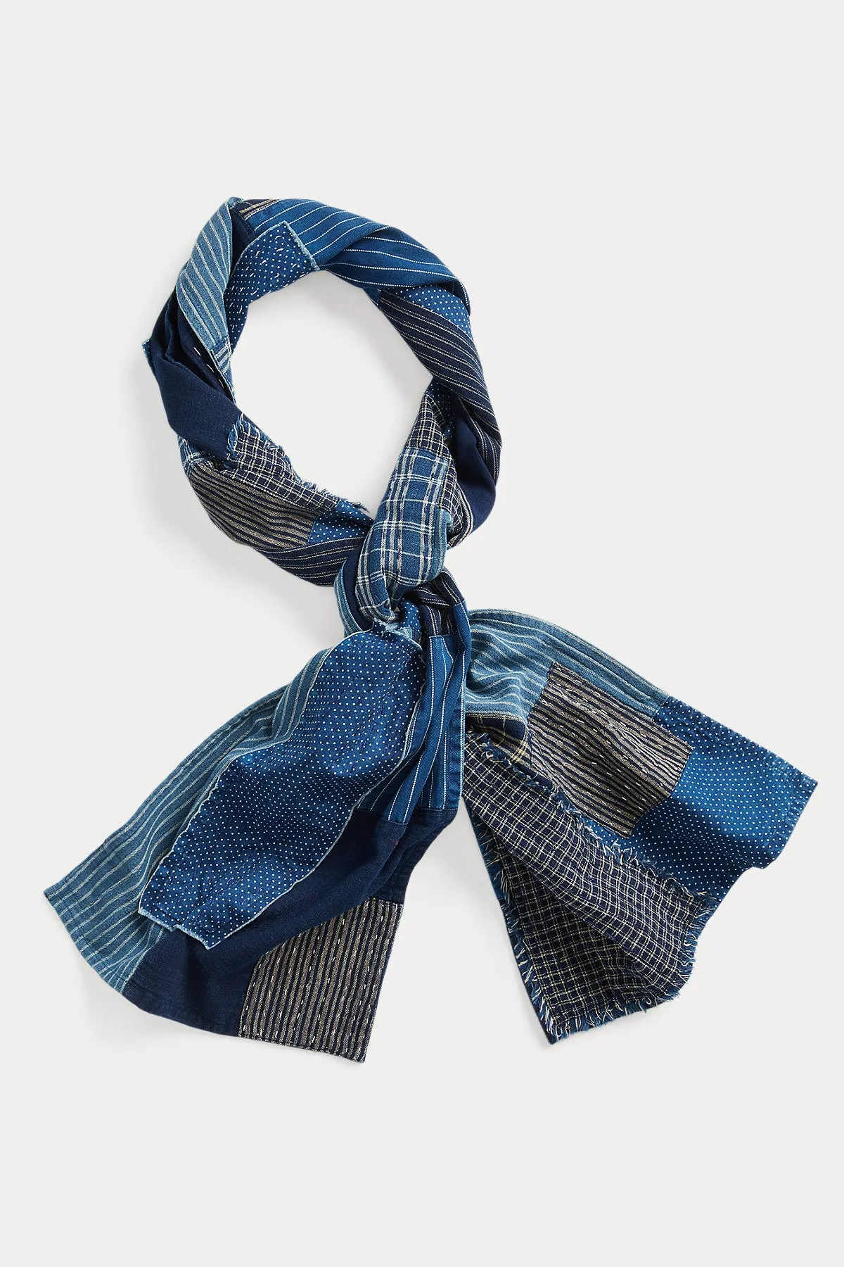 Indigo Patchwork Cotton-Linen Scarf - Indigo/Cream