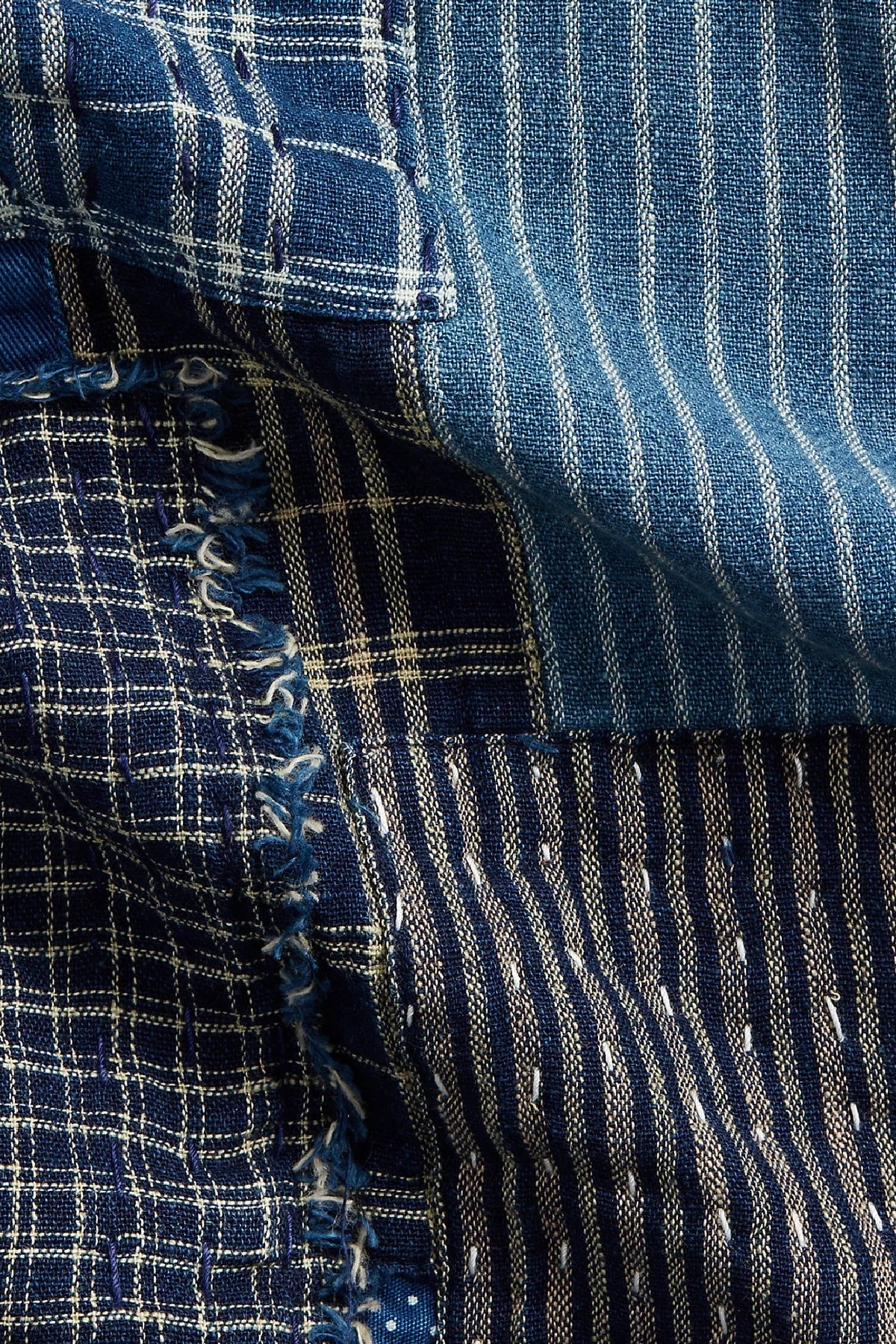 Indigo Patchwork Cotton-Linen Scarf - Indigo/Cream