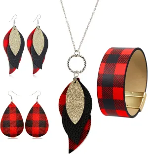 INENIMARTJ 3 Pieces Christmas Plaid Leather Earrings Bracelet Set, Handmade Lightweight Christmas Buffalo Plaid Bracelet for Women