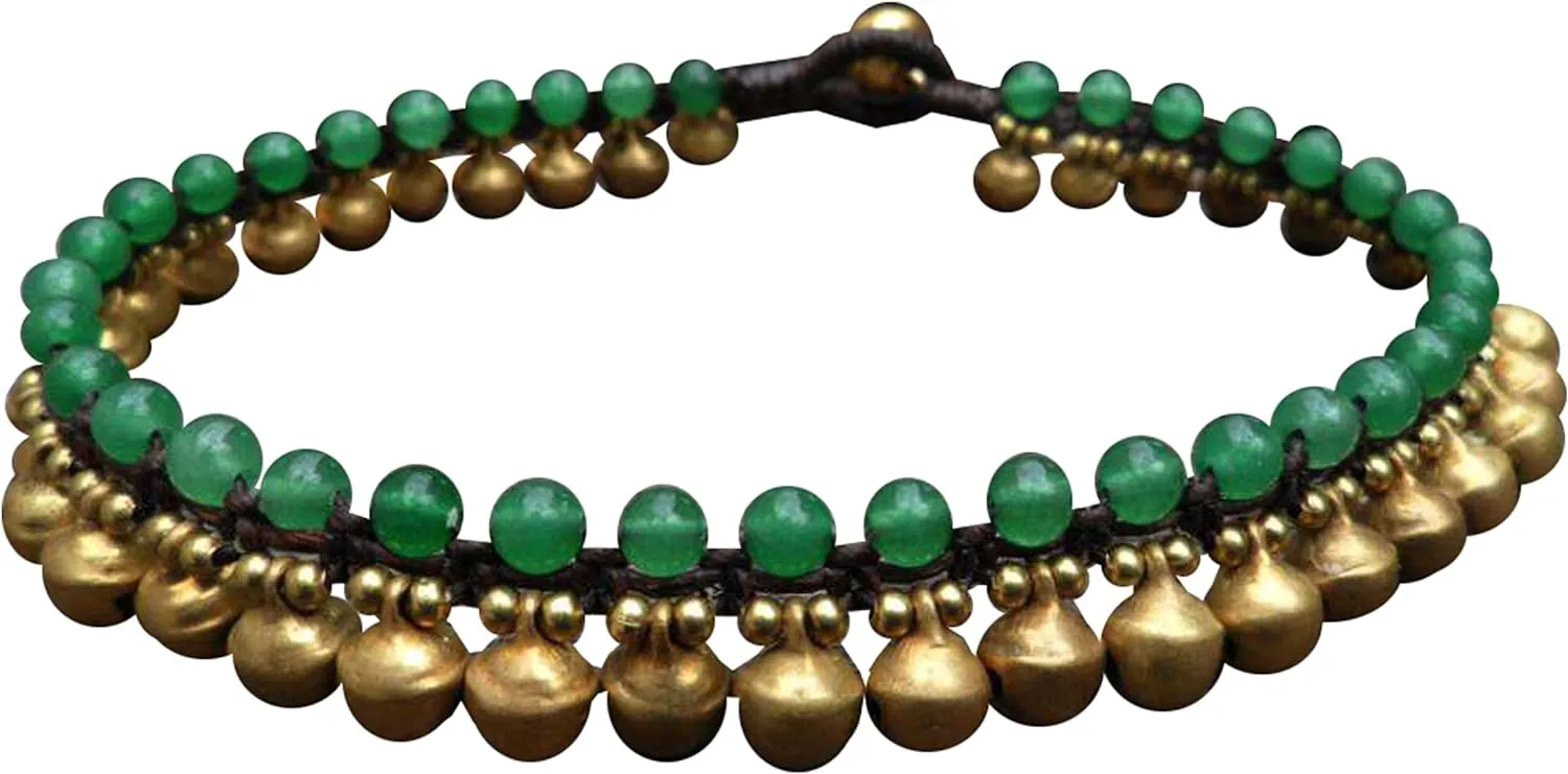 Infinityee888 Trendy Fashion Anklet Green Jade and Brass Bell Ankle Bracelet 10 Inches Woven with Wax Cord Beautiful Handmade Hippie Bohemian Style