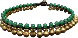 Infinityee888 Trendy Fashion Anklet Green Jade and Brass Bell Ankle Bracelet 10 Inches Woven with Wax Cord Beautiful Handmade Hippie Bohemian Style