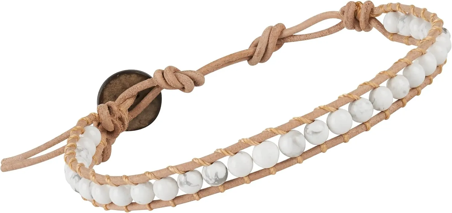 Infinityee888 Trendy Fashion Howlite Bead Bracelet Woven with Leather Cord 7.5 Inches Beautiful Handmade Hippie Bohemian