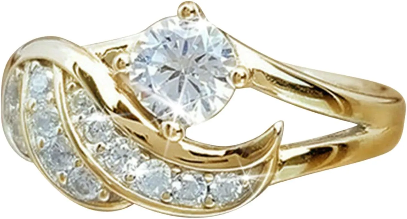 Inlaid Zircon Ring Women's CZ Simulated Diamond Ring Elegant Wedding Band Bride Jewelry Engagement Ring (Gold, 8)