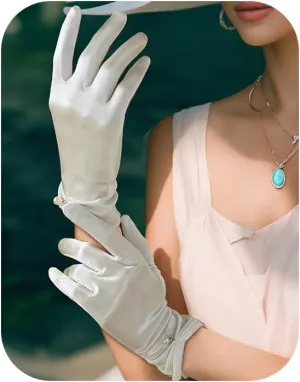 Ivory Lace Gloves Women Wedding Short White Wrist Lace Floral Pearl Satin Bridal Gloves Formal Elegant Masquerade Tea Party Dress for Women Cosplay Accessories (White, Style3)